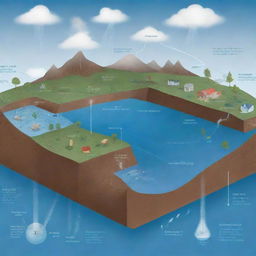 An illustrative diagram of the 'Water Cycle for the Anthropocene', encompassing the typical evaporation, condensation, and precipitation processes. Include at least two human pressures like industrial pollution and water overuse affecting the hydrologic cycle.