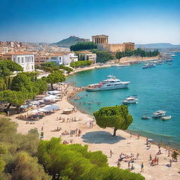 A vibrant summer scene in Athens, Greece with ancient ruins like the Parthenon in the background, and a lively cityscape in Thessaloniki, Greece featuring the White Tower and beautiful waterfront