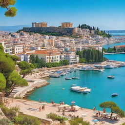 A vibrant summer scene in Athens, Greece with ancient ruins like the Parthenon in the background, and a lively cityscape in Thessaloniki, Greece featuring the White Tower and beautiful waterfront