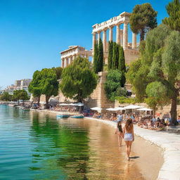 A vibrant summer scene in Athens, Greece with ancient ruins like the Parthenon in the background, and a lively cityscape in Thessaloniki, Greece featuring the White Tower and beautiful waterfront