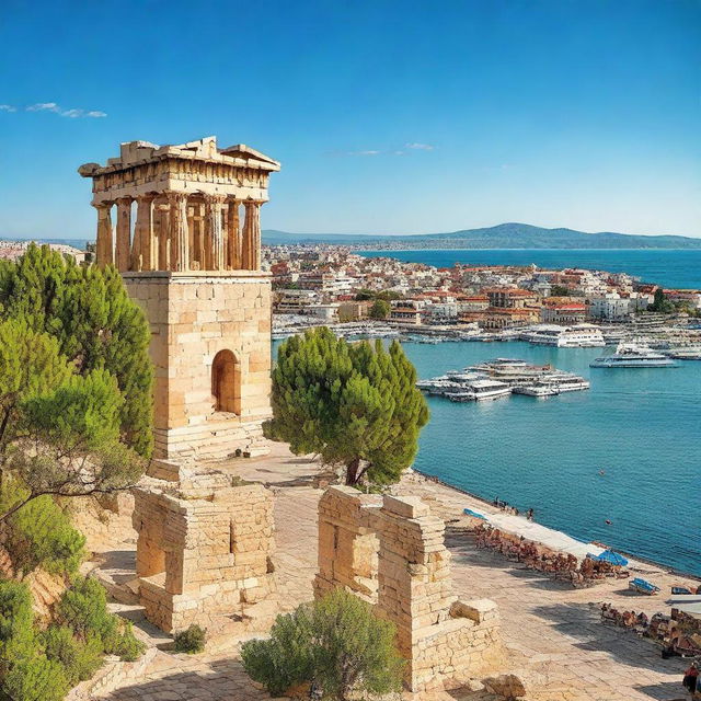 A vibrant summer scene in Athens, Greece with ancient ruins like the Parthenon in the background, and a lively cityscape in Thessaloniki, Greece featuring the White Tower and beautiful waterfront