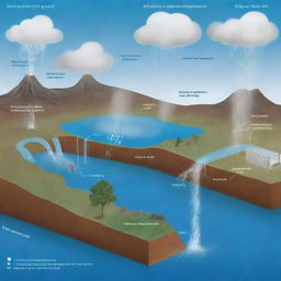 An illustrative diagram of the 'Water Cycle for the Anthropocene', encompassing the typical evaporation, condensation, and precipitation processes. Include at least two human pressures like industrial pollution and water overuse affecting the hydrologic cycle.