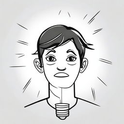 Create an image of a light bulb with a person underneath who is thinking, using anime-style line art