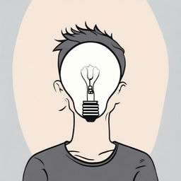 Create an image of a light bulb with a person underneath who is thinking, using anime-style line art