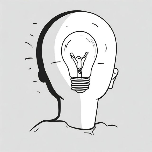 Create an image of a light bulb with a person underneath who is thinking, using anime-style line art