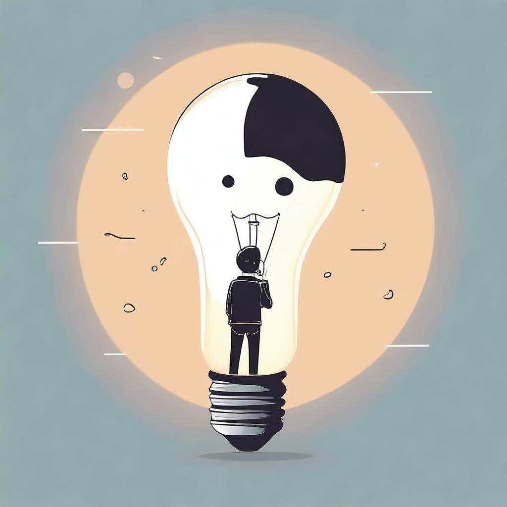 Create an image of a glowing light bulb floating in mid-air with an anime-style character underneath who is in a thinking pose