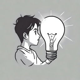 Create an image of a glowing light bulb floating in mid-air with an anime-style character underneath who is in a thinking pose