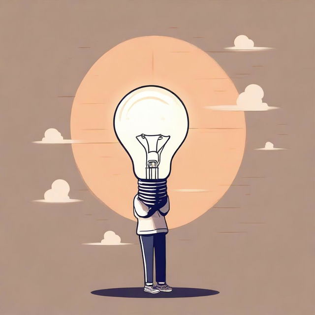 Create an image of a glowing light bulb floating in mid-air with an anime-style character underneath who is in a thinking pose