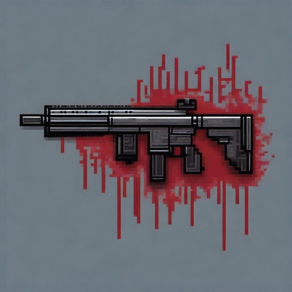 Create a pixel art image of a rifle with blood stains