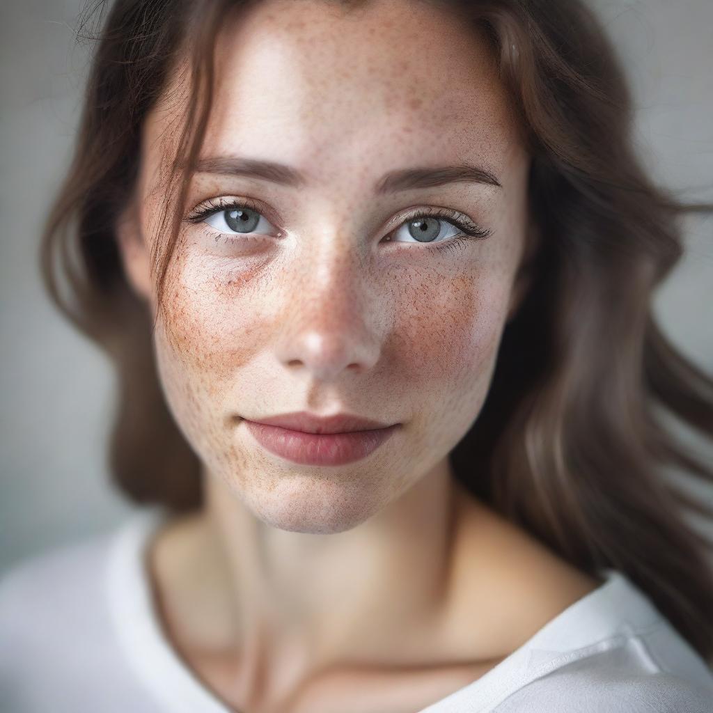 A young, slim brunette girl with grey eyes, freckles, and dimpled cheeks