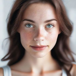 A young, slim brunette girl with grey eyes, freckles, and dimpled cheeks