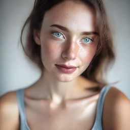 A young, slim brunette girl with grey eyes, freckles, and dimpled cheeks