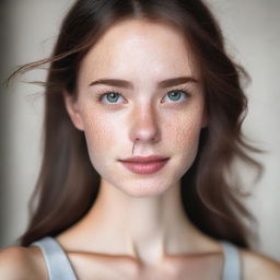 A young, slim brunette girl with grey eyes, freckles, and dimpled cheeks