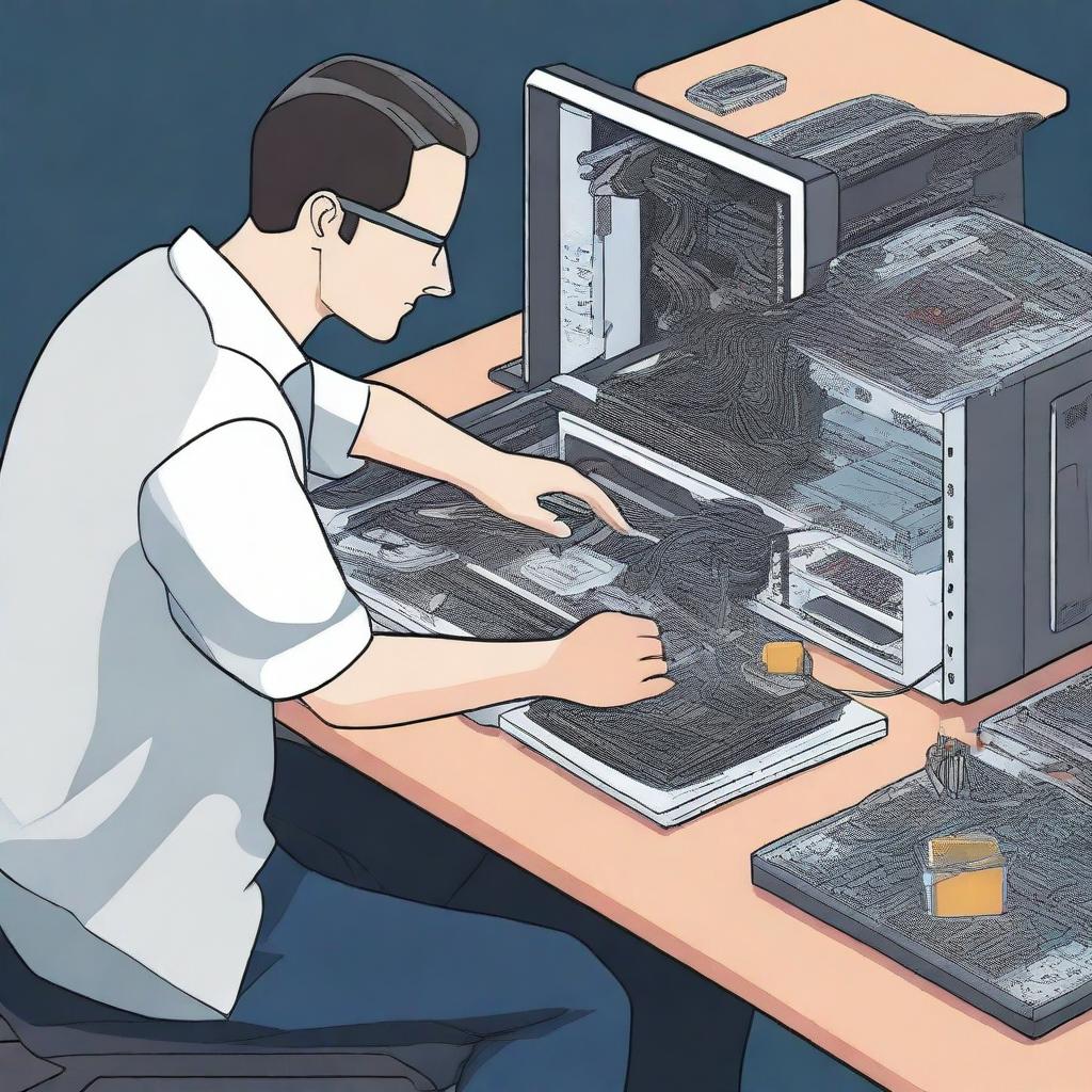 A detailed illustration of a technician repairing computer hardware