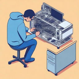 A detailed illustration of a technician repairing computer hardware