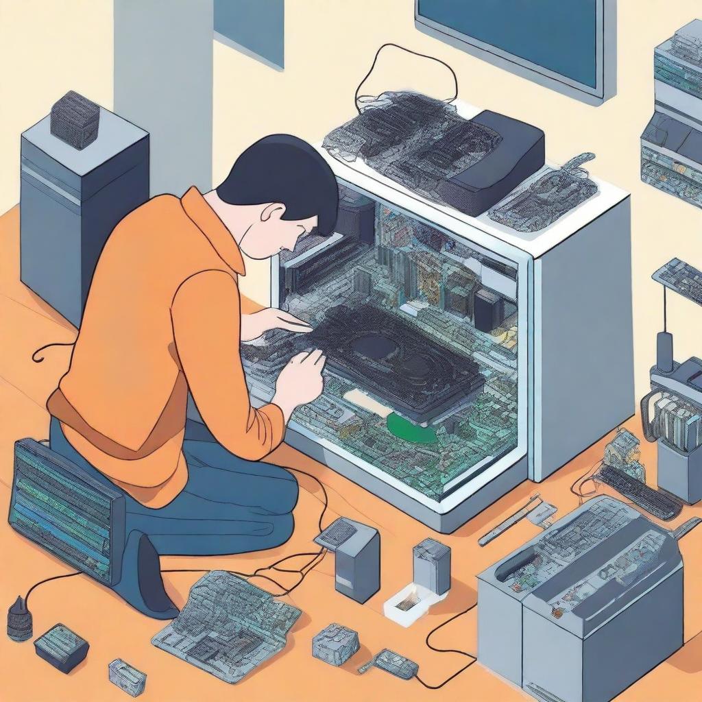 A detailed illustration of a technician repairing computer hardware