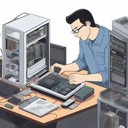 A detailed illustration of a technician repairing computer hardware