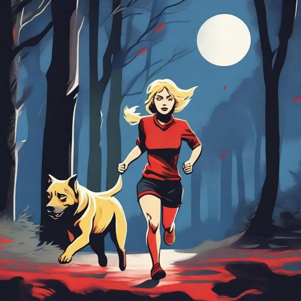 A blond woman is running through a forest under the full moon, dressed in running gear