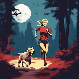 A blond woman is running through a forest under the full moon, dressed in running gear