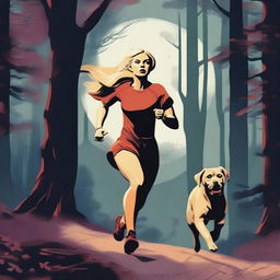 A blond woman is running through a forest under the full moon, dressed in running gear