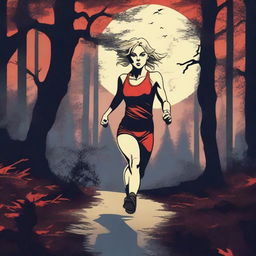 A blond woman is running through a forest under the full moon, dressed in running gear