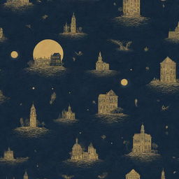 A 4k resolution packaging pattern design featuring a romantic, H.P Lovecraft-style dystopian scenery with a couple. The prevailing color is navy blue with bold golden accents.