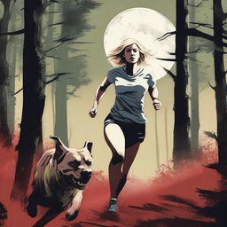 A blonde woman in running gear is sprinting through a dense forest under the light of a full moon