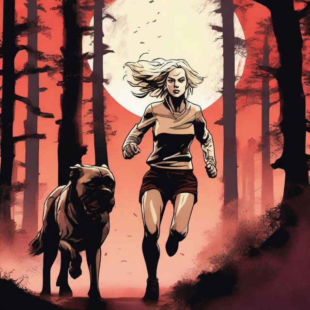 A blonde woman in running gear is sprinting through a dense forest under the light of a full moon