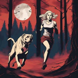 A blonde woman in running gear is sprinting through a dense forest under the light of a full moon