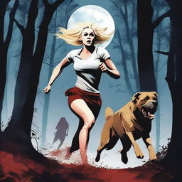 A blonde woman in running gear is sprinting through a dense forest under the light of a full moon