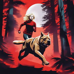 A blonde woman in running gear is being chased through a dense forest by a Mastiff dog with glowing red eyes