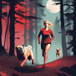 A blonde woman in running gear is being chased through a dense forest by a Mastiff dog with glowing red eyes