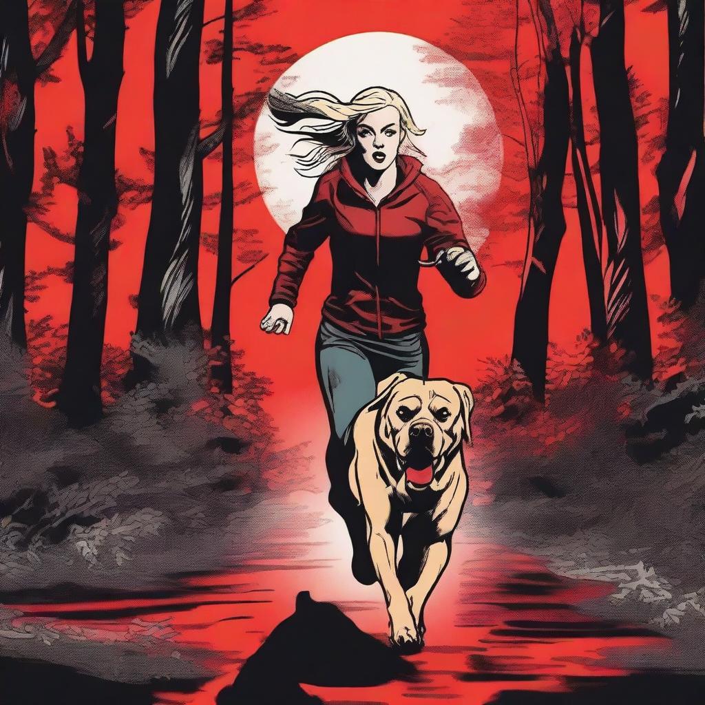 A blonde woman in running gear is being chased through a dense forest by a Mastiff dog with glowing red eyes