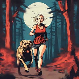 A blonde woman in running gear is being chased through a dense forest by a Mastiff dog with glowing red eyes