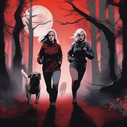 A blonde woman in running gear is being hunted through a dense forest by a Mastiff dog with glowing red eyes