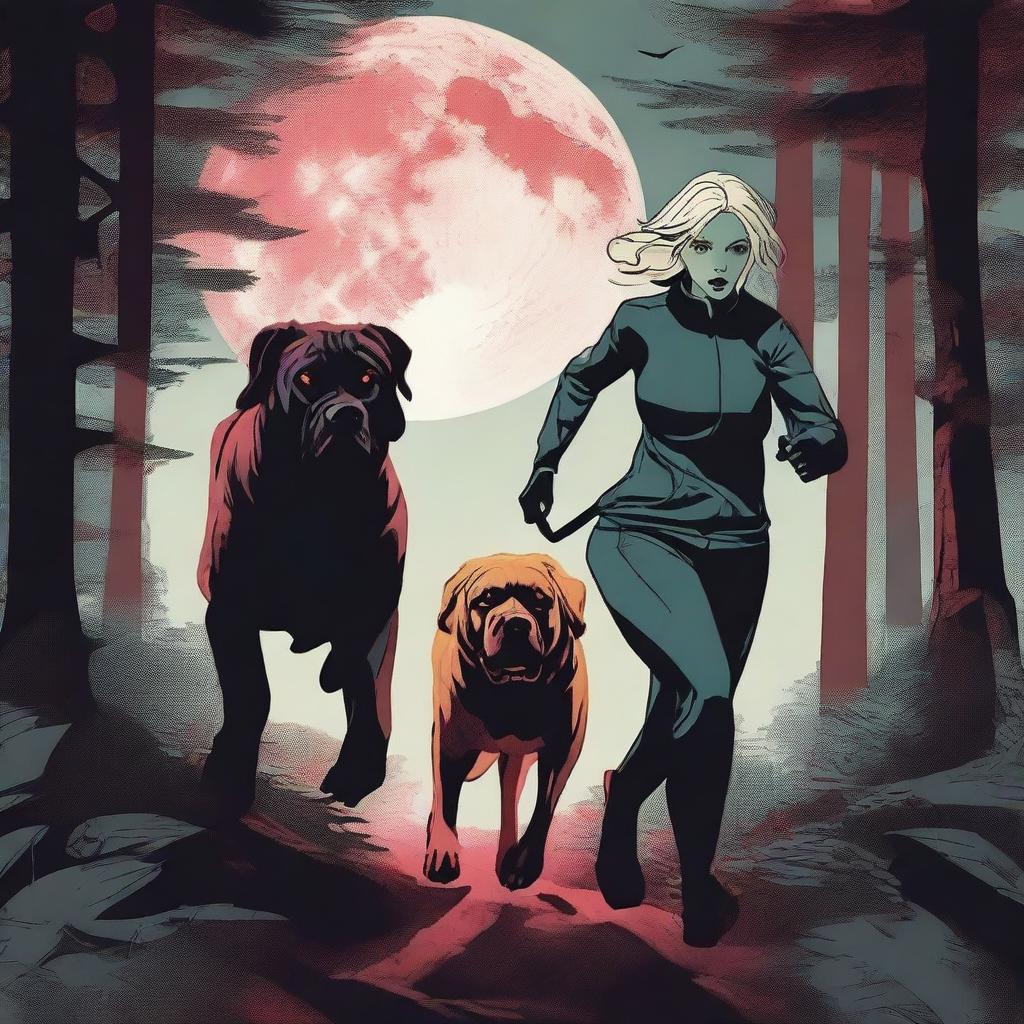 A blonde woman in running gear is being hunted through a dense forest by a Mastiff dog with glowing red eyes