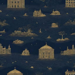 A 4k resolution packaging pattern design featuring a romantic, H.P Lovecraft-style dystopian scenery with a couple. The prevailing color is navy blue with bold golden accents.