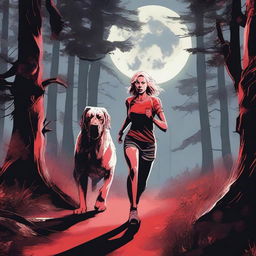 A blonde woman in running gear is being hunted through a dense forest by a Mastiff dog with glowing red eyes