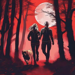 A blonde woman in running gear is being hunted through a dense forest by a Mastiff dog with glowing red eyes