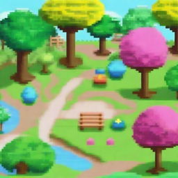 Create a detailed pixel art scene of a park without trees