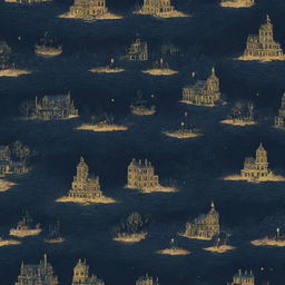 A 4k resolution packaging pattern design featuring a romantic, H.P Lovecraft-style dystopian scenery with a couple. The prevailing color is navy blue with bold golden accents.