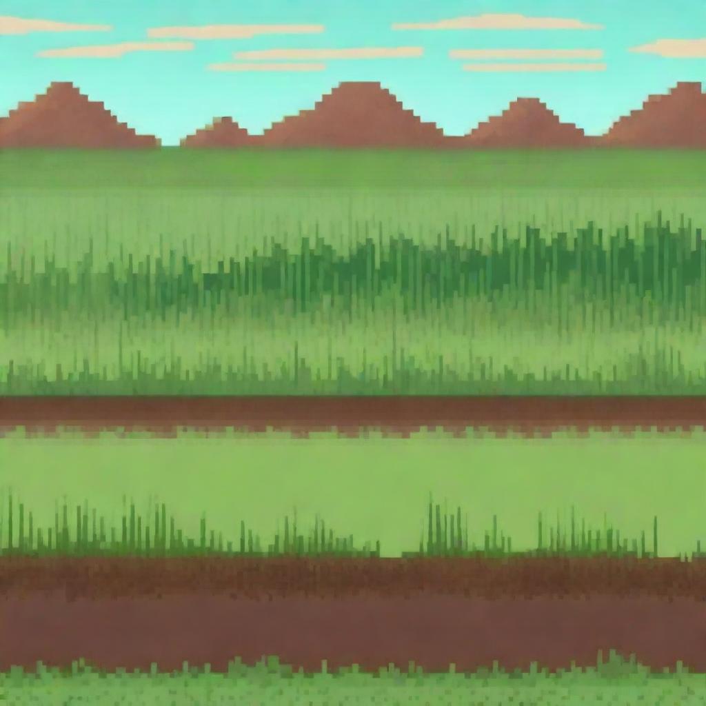 Create a detailed pixel art scene of a grassy terrain with patches of dirt