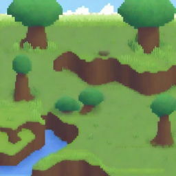 Create a detailed pixel art scene of a grassy terrain with patches of dirt