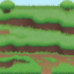 Create a detailed pixel art scene of a grassy terrain with patches of dirt