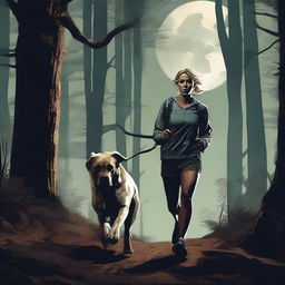 A blonde woman in running gear is being hunted through a dense forest by a Mastiff dog