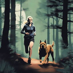 A blonde woman in running gear is being hunted through a dense forest by a Mastiff dog