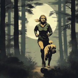 A blonde woman in running gear is being hunted through a dense forest by a Mastiff dog