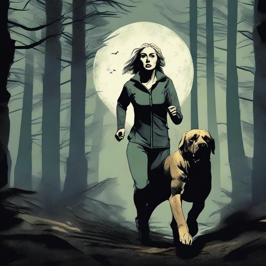 A blonde woman in running gear is being hunted through a dense forest by a Mastiff dog