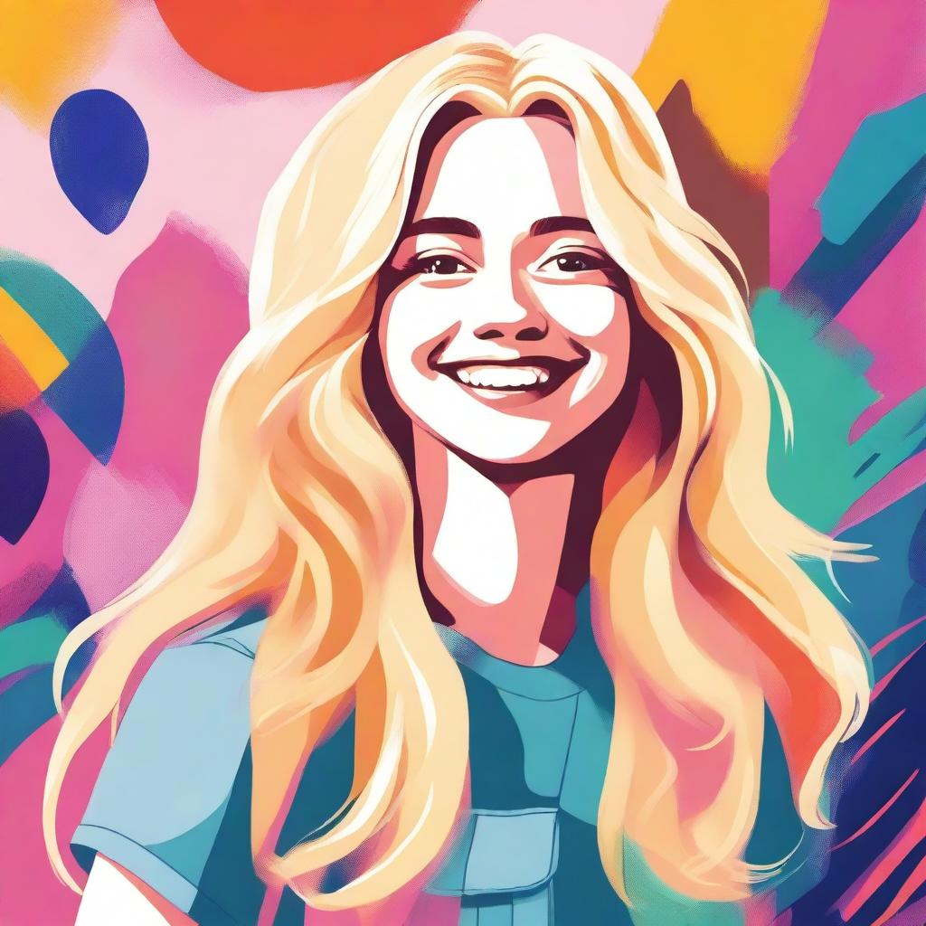 A digital illustration of a young blonde female teenager with a cheerful expression