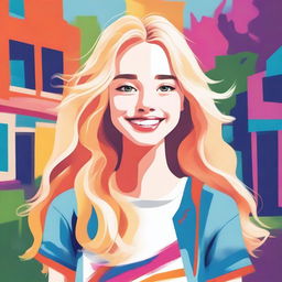 A digital illustration of a young blonde female teenager with a cheerful expression